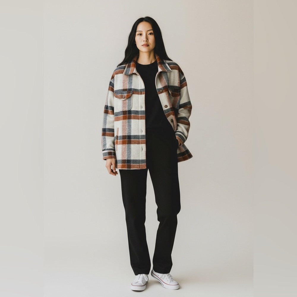 Joie Plaid Cream, Grey and Brown Flannel Textured Shirt Jacket